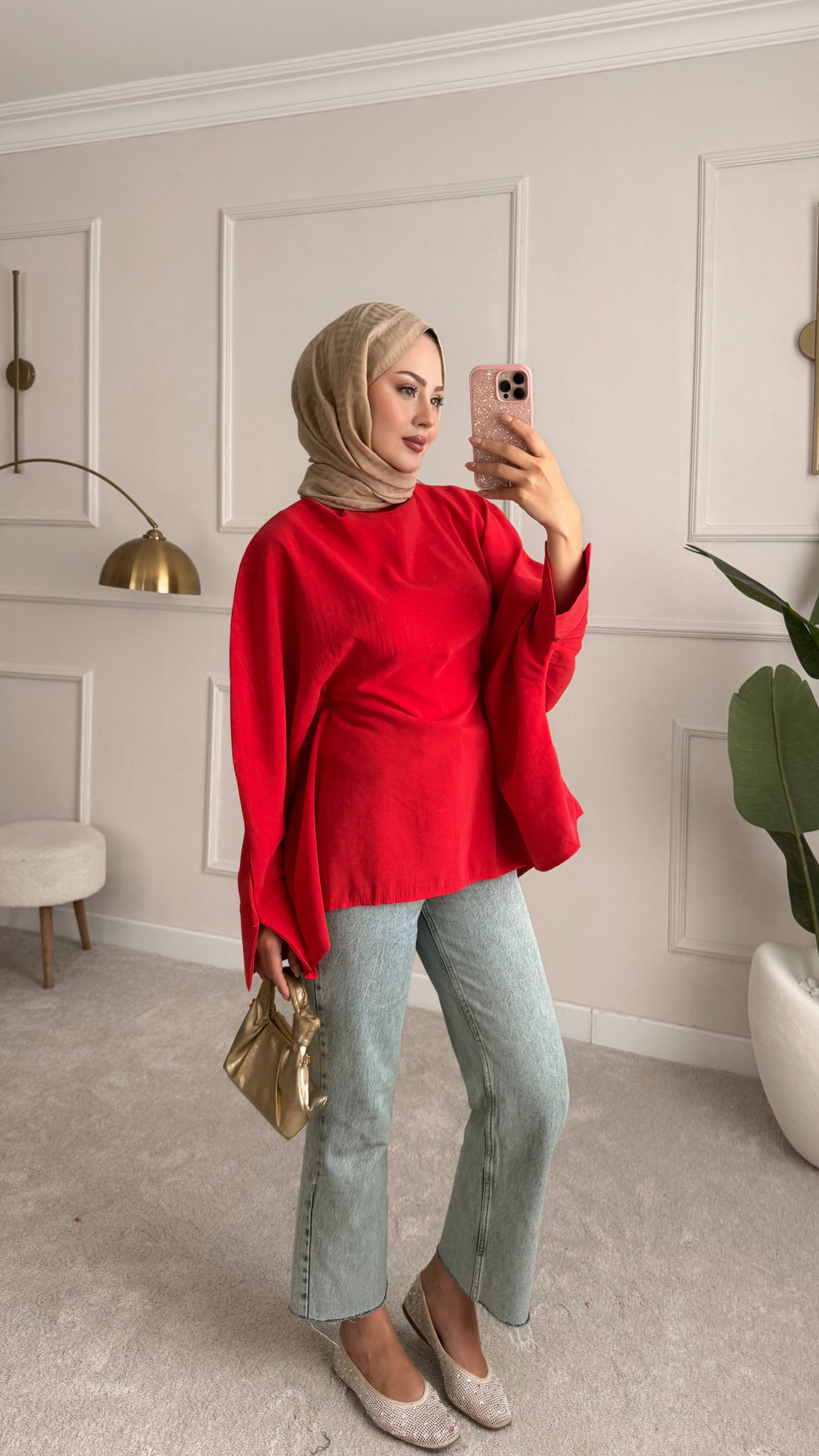 Bel bağlama detaylı tunik kırmızı