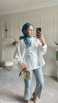 Bel bağlama detaylı tunik beyaz