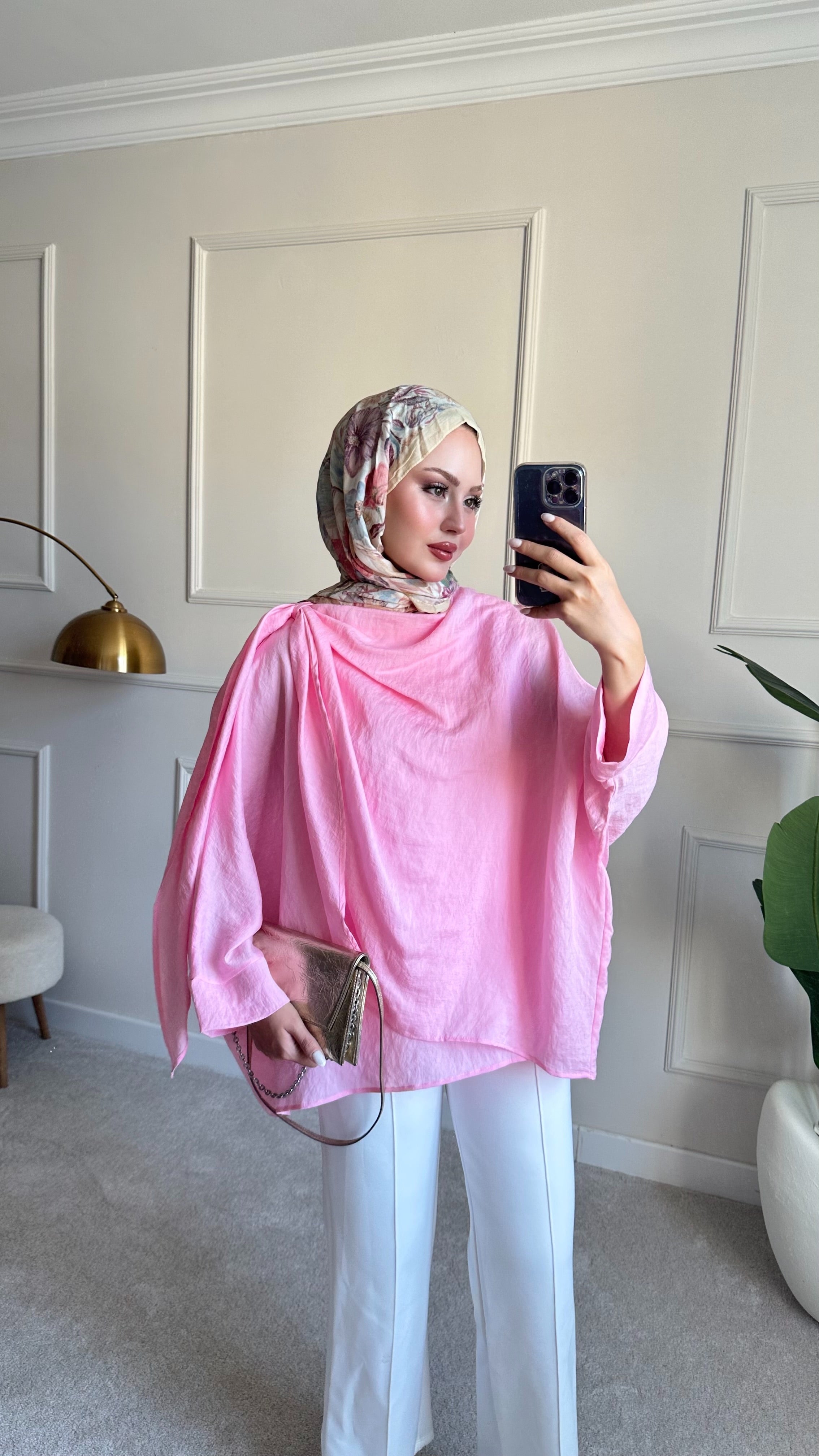 Şal yaka detaylı tunik pembe