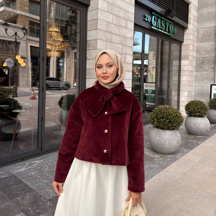 Yaka Detaylı Kaban Bordo
