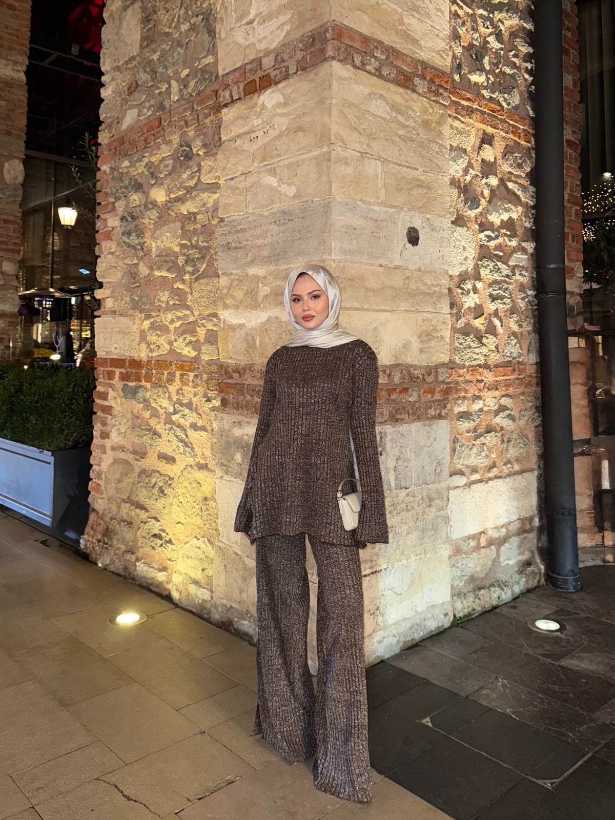 Simli triko takım kahverengi