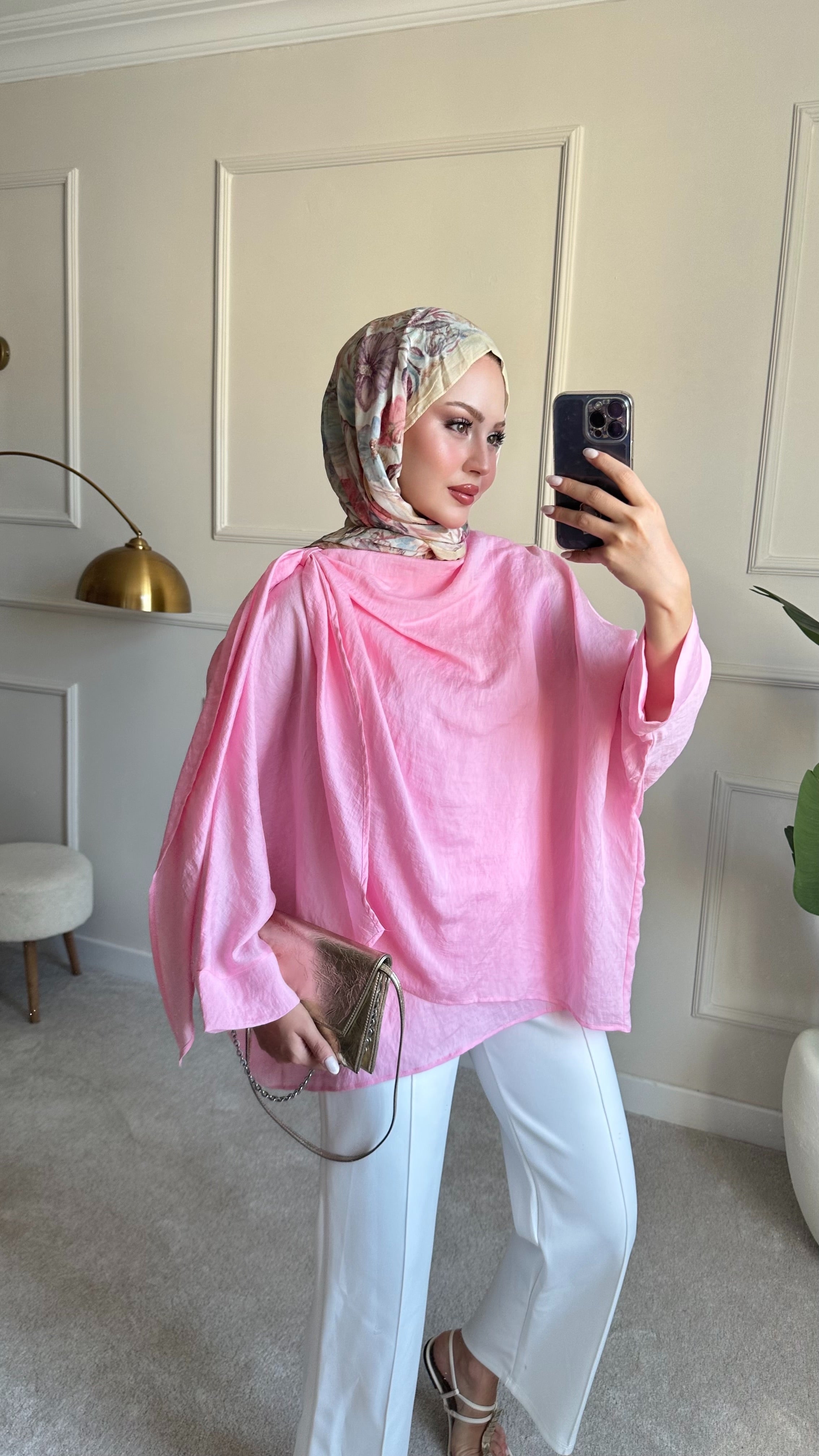 Şal yaka detaylı tunik pembe