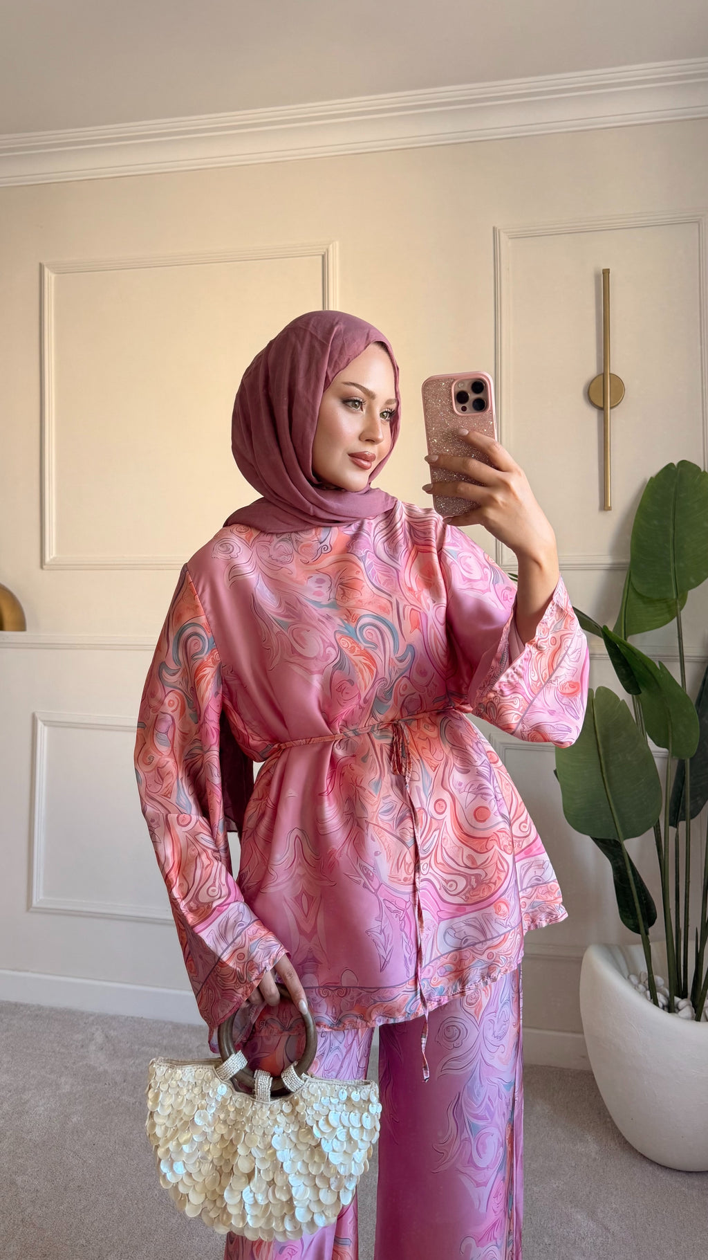 Desenli saten takım pembe