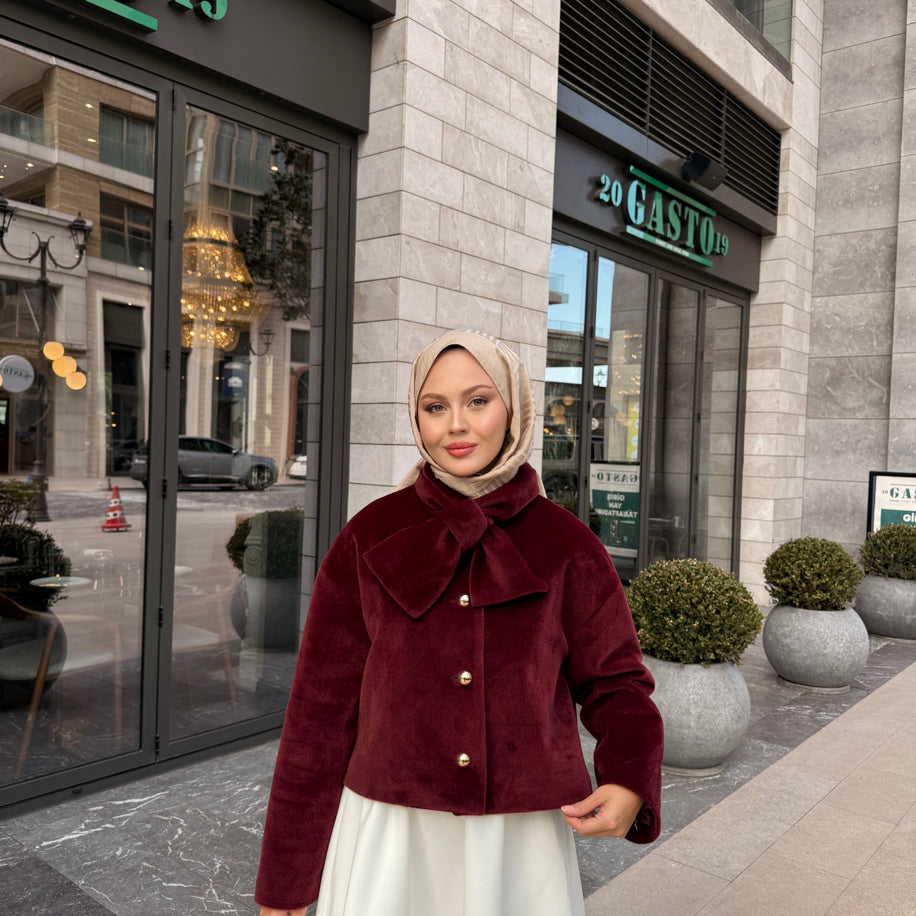 Yaka Detaylı Kaban Bordo
