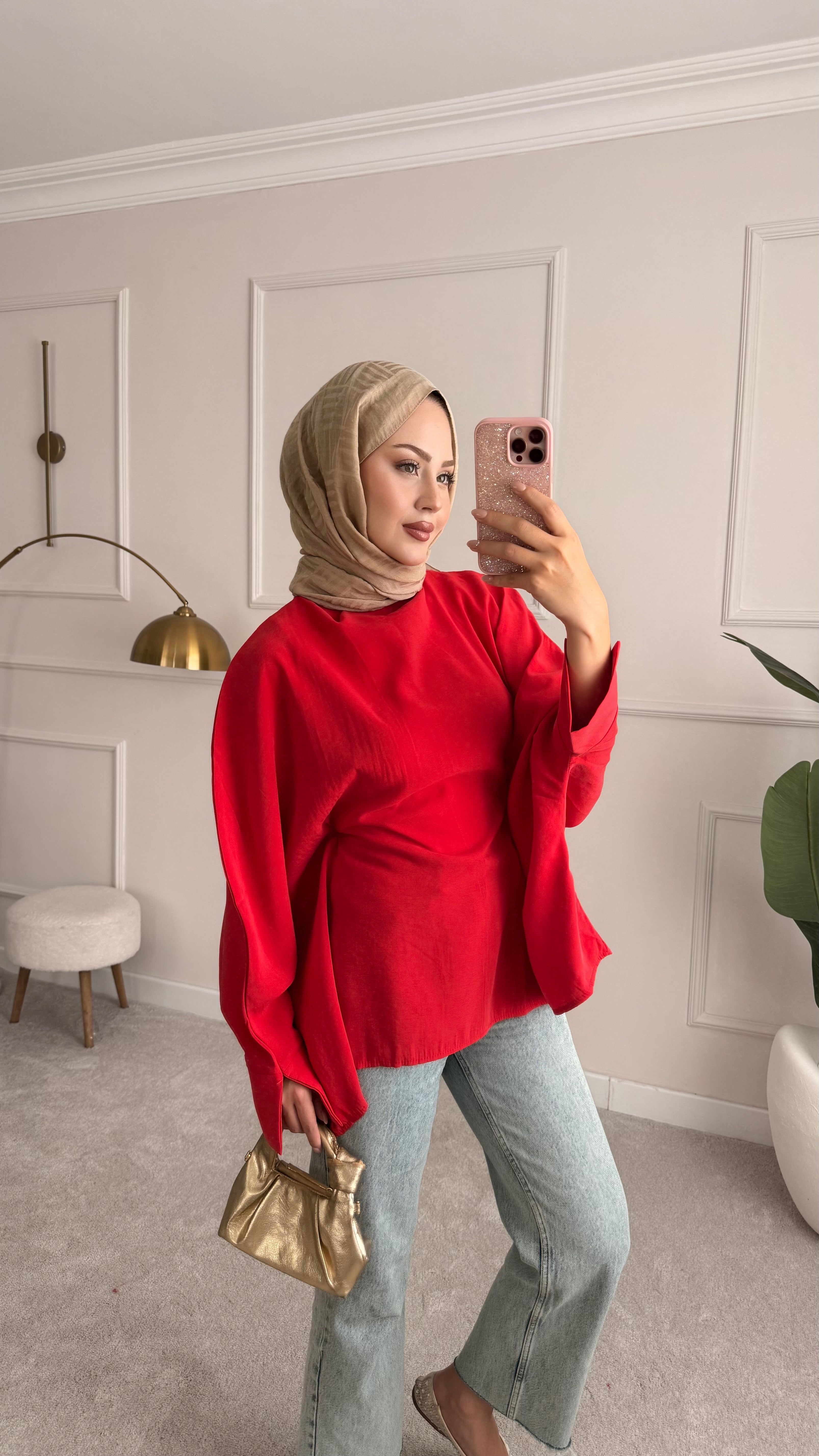 Bel bağlama detaylı tunik kırmızı