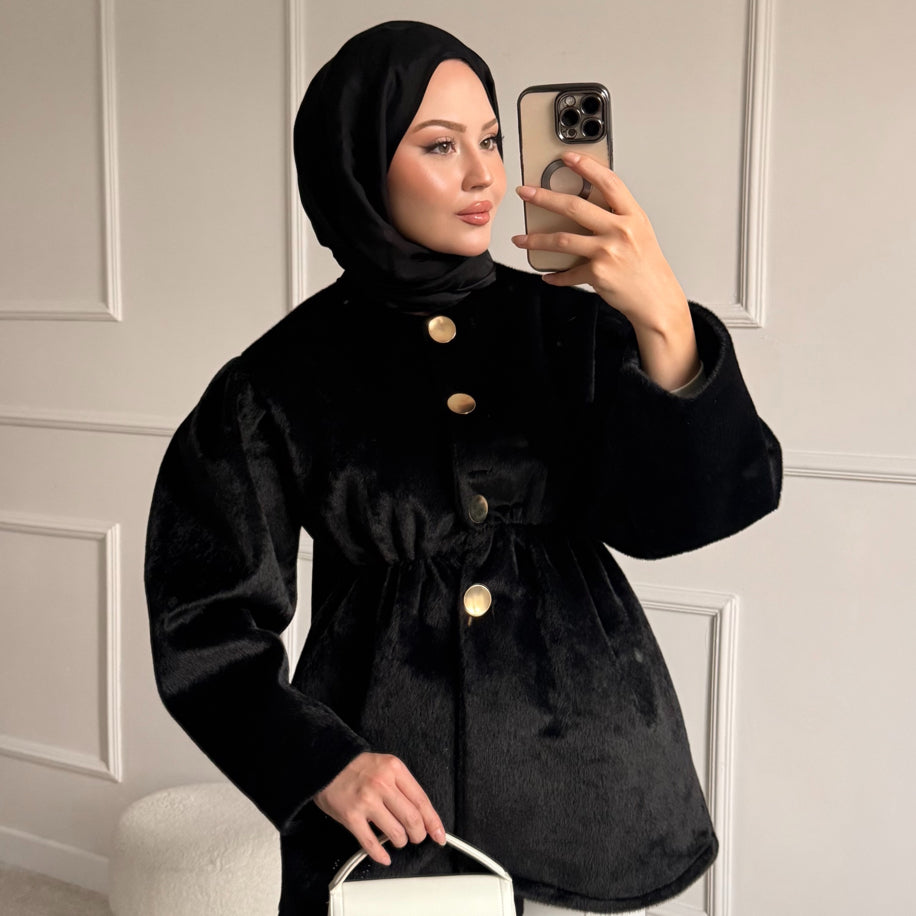 Kaşe Düğmeli Lastikli Kaban Siyah