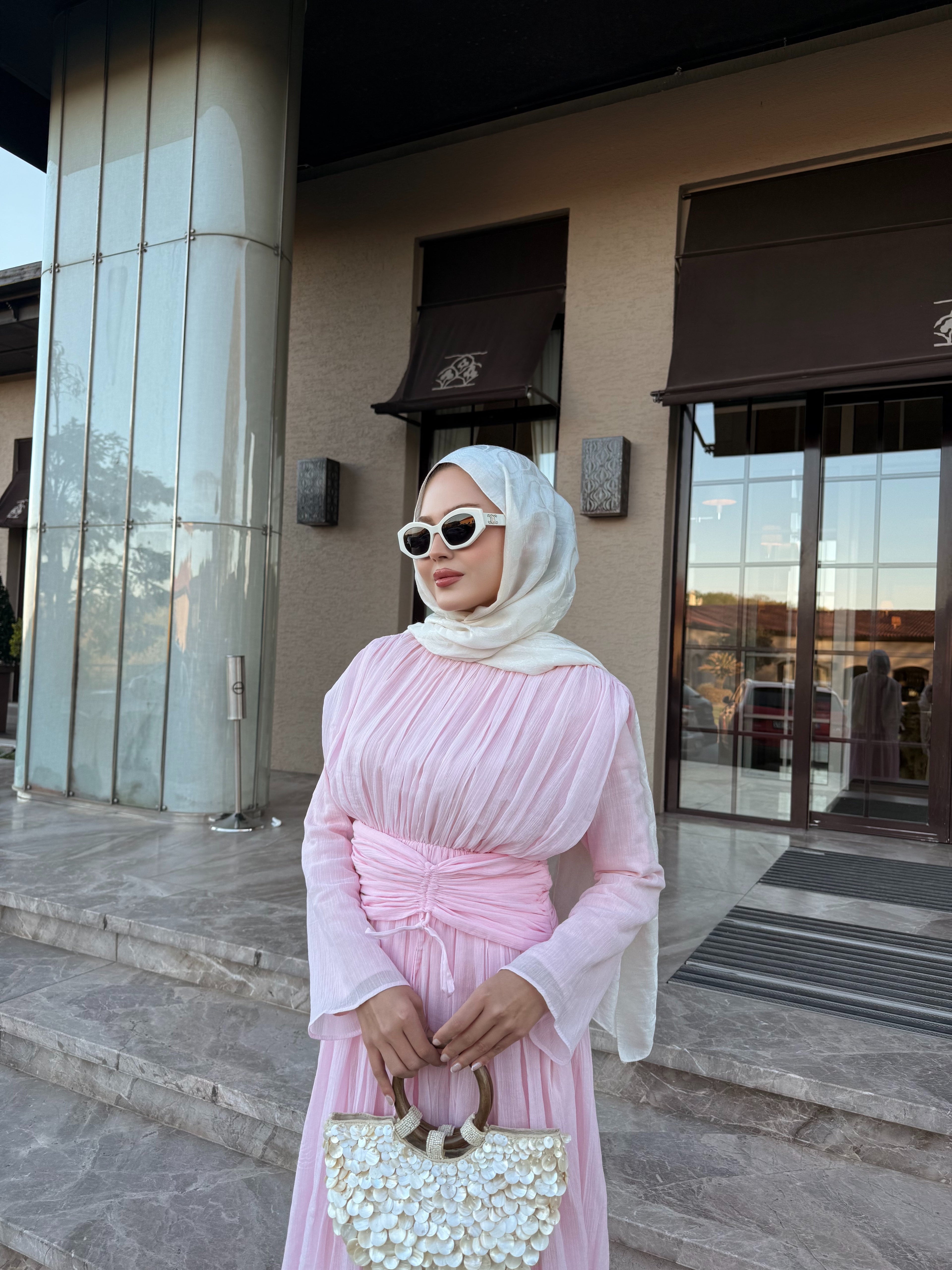 Büzgü detaylı elbise pembe