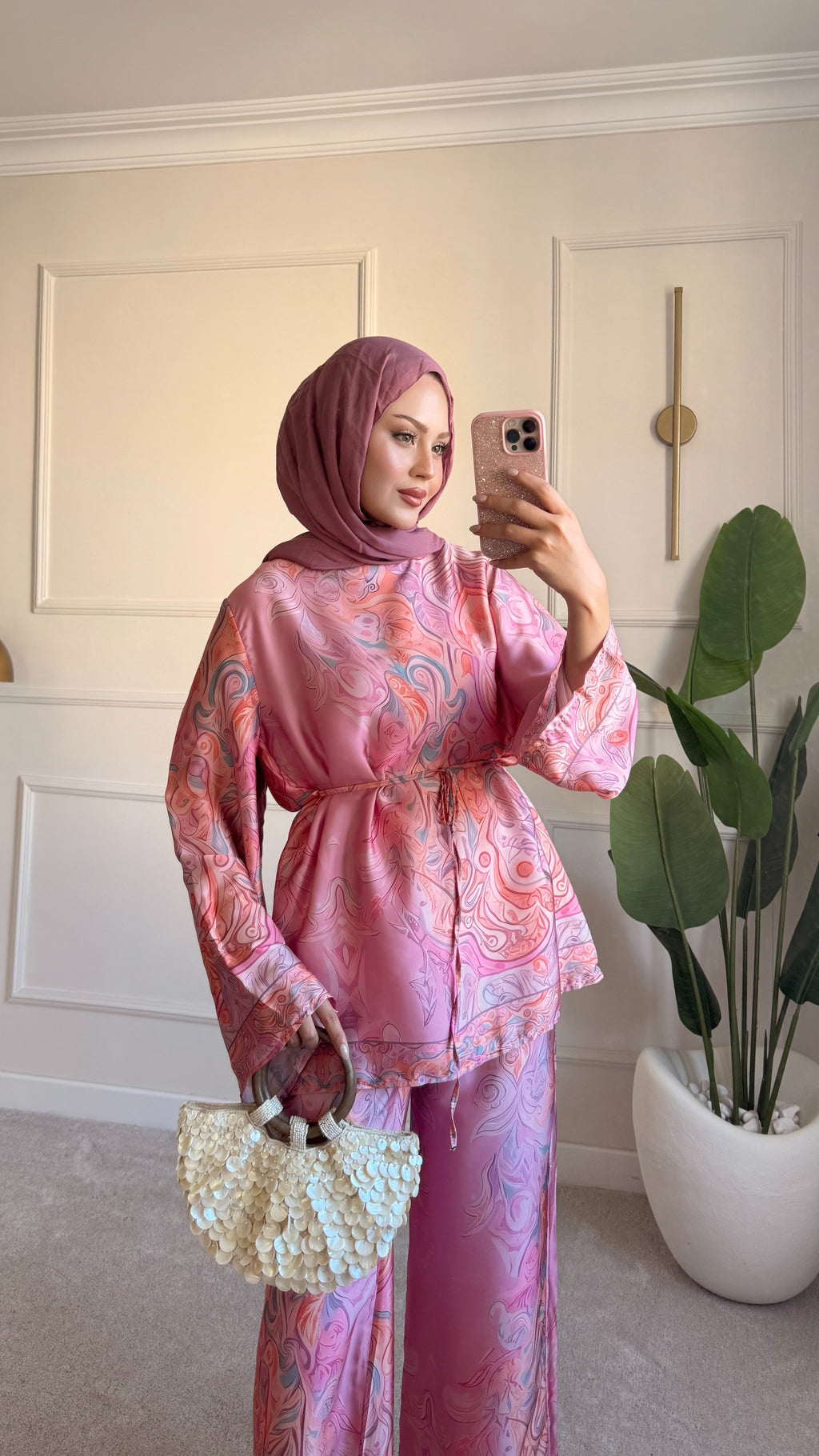 Desenli saten takım pembe
