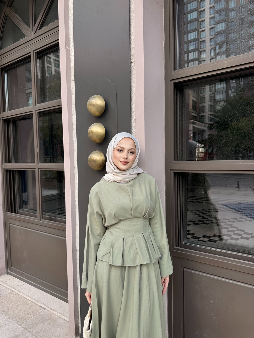 Keten bel bağlama detaylı takım çağla yeşili