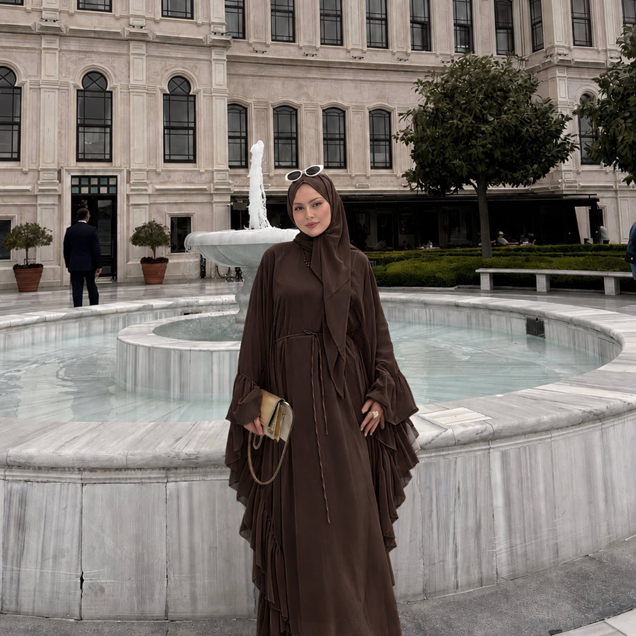 Fırfırlı Abaya Krem Kahverengi
