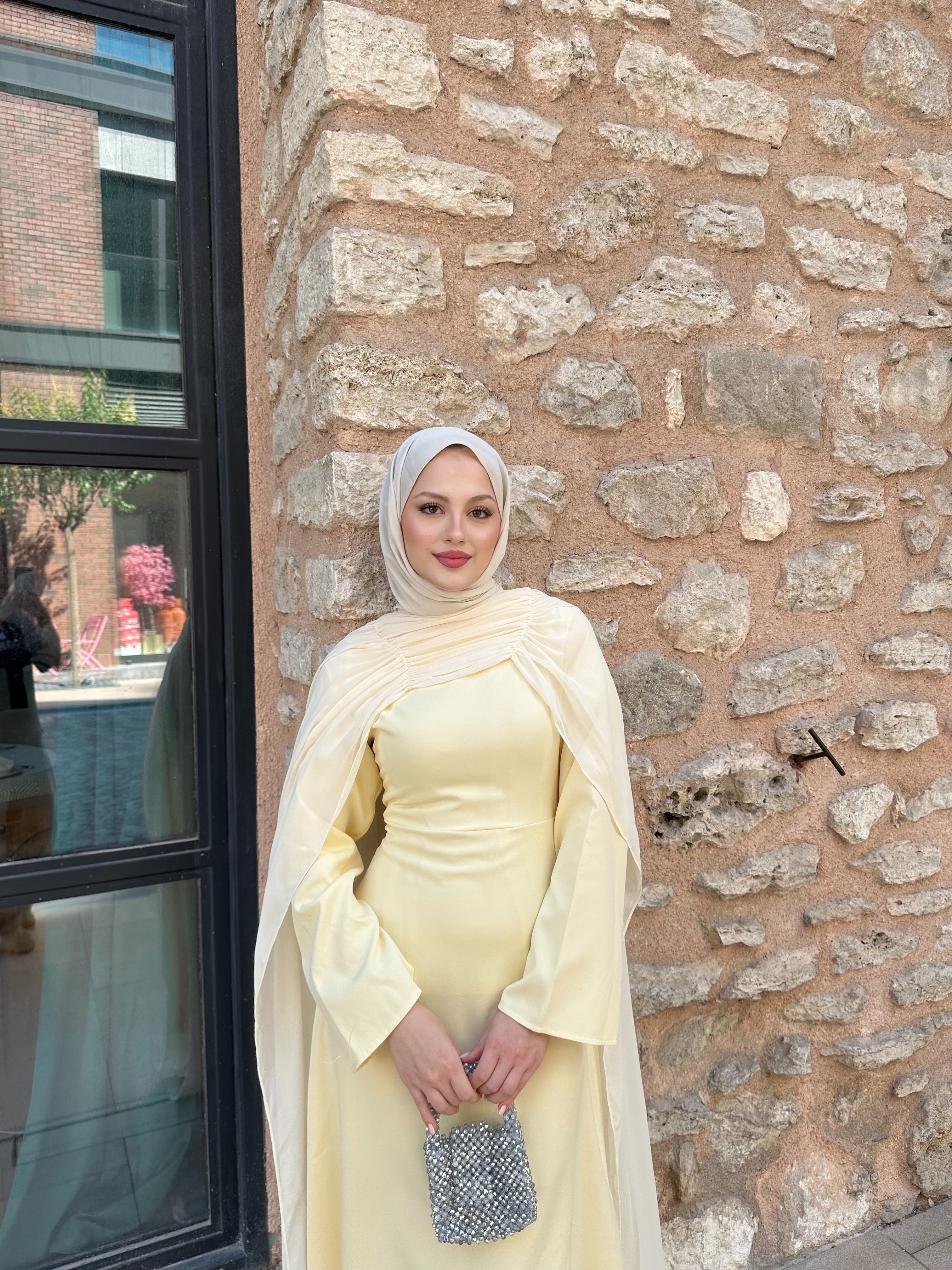 Pelerin abiye tereyağ sarısı