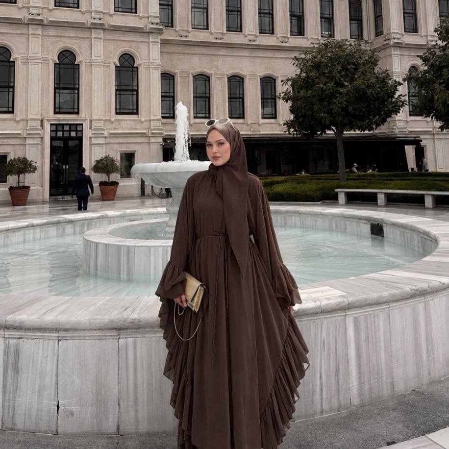 Fırfırlı Abaya Krem Kahverengi