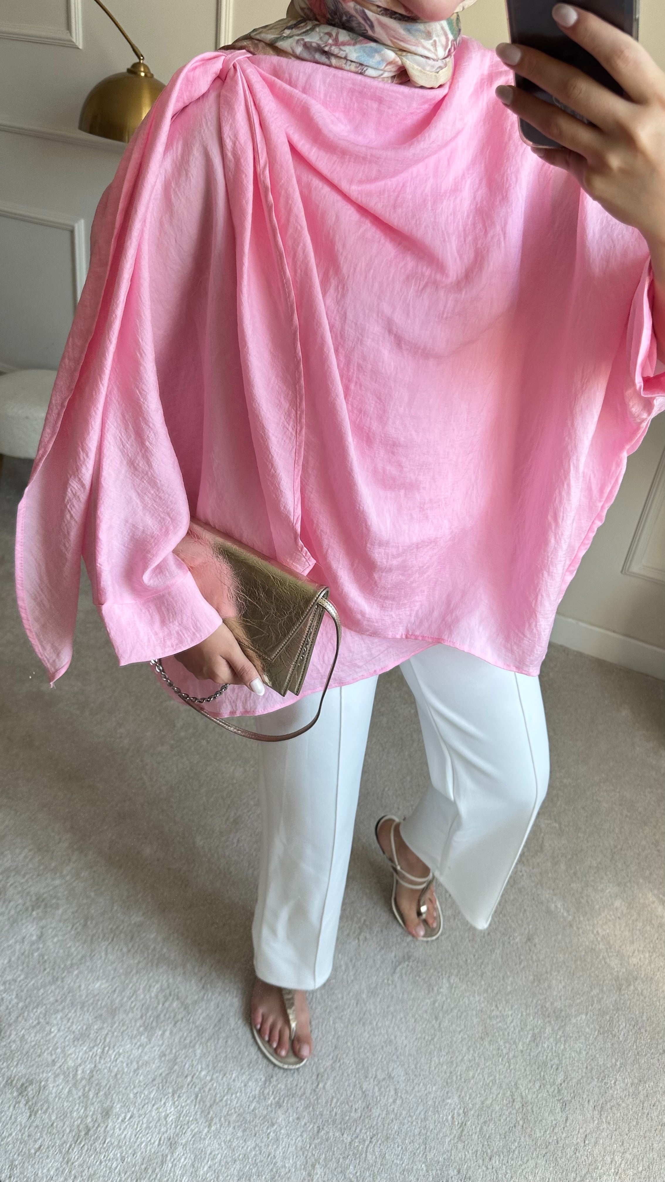 Şal yaka detaylı tunik pembe