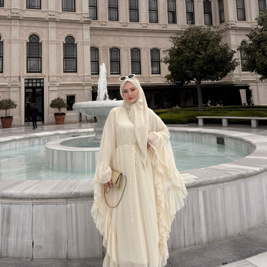 Fırfırlı Abaya Krem Ön Sipariş