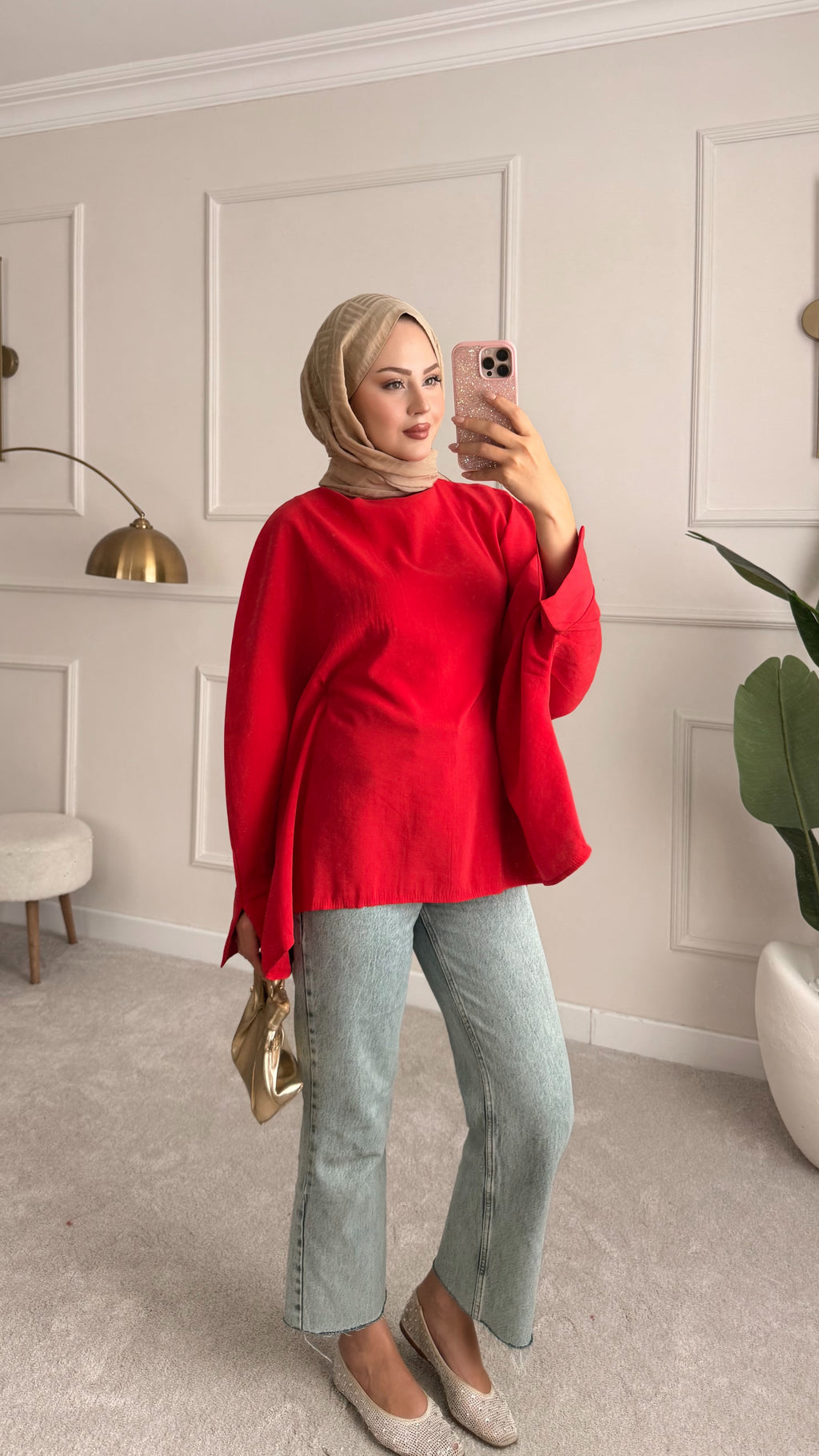 Bel bağlama detaylı tunik kırmızı