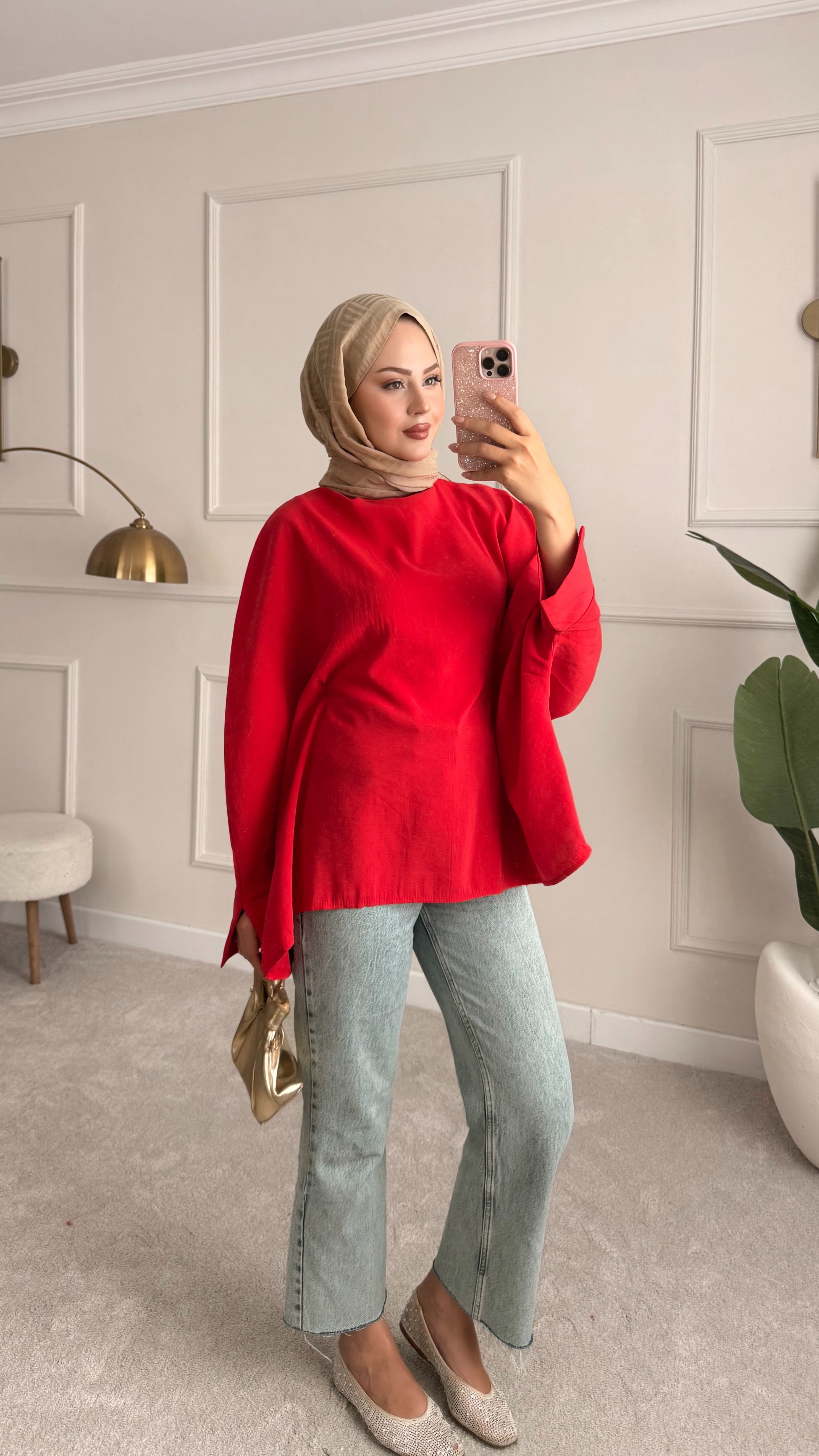 Bel bağlama detaylı tunik kırmızı