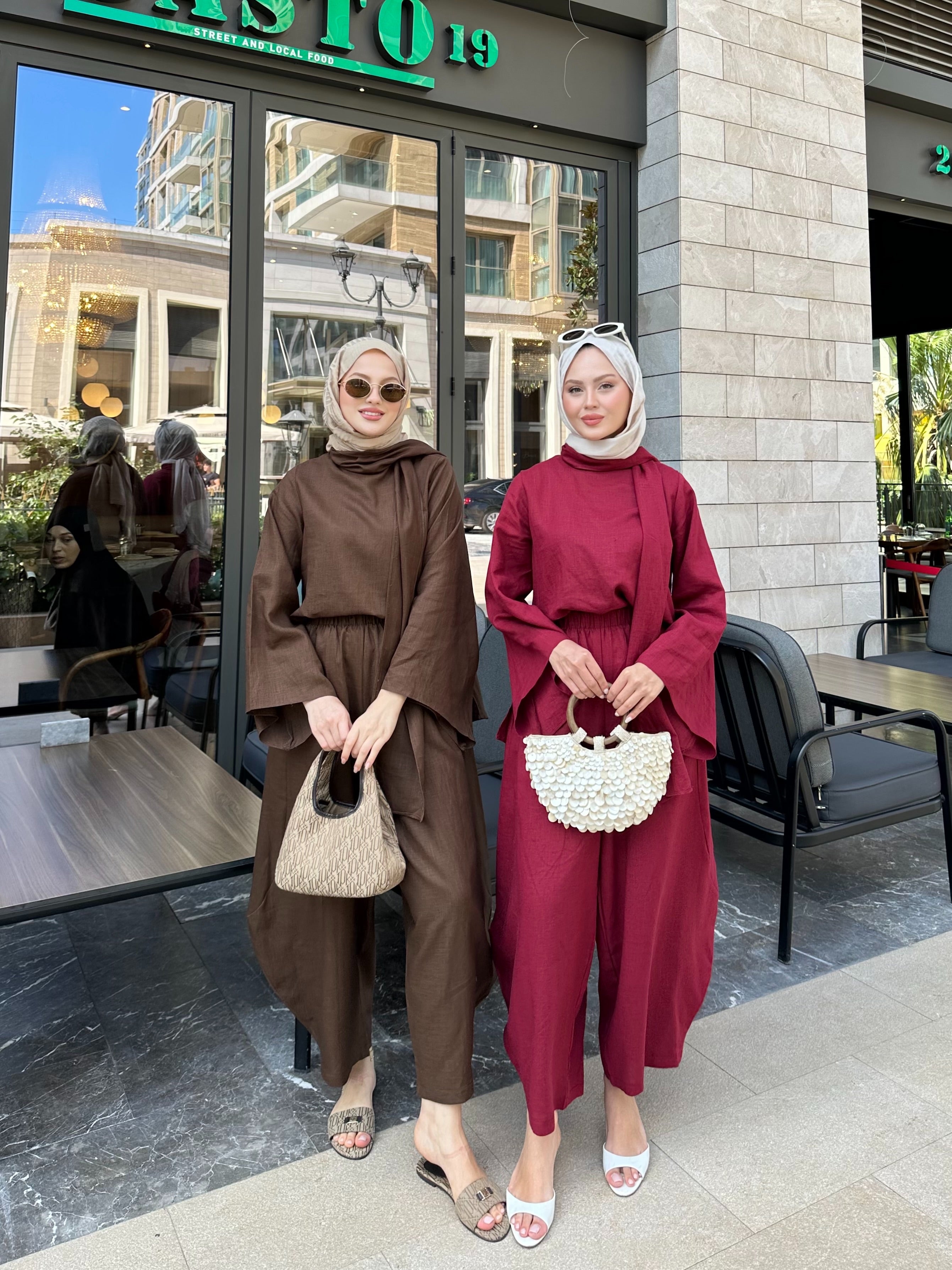 Şalvar model atkılı takım kahverengi