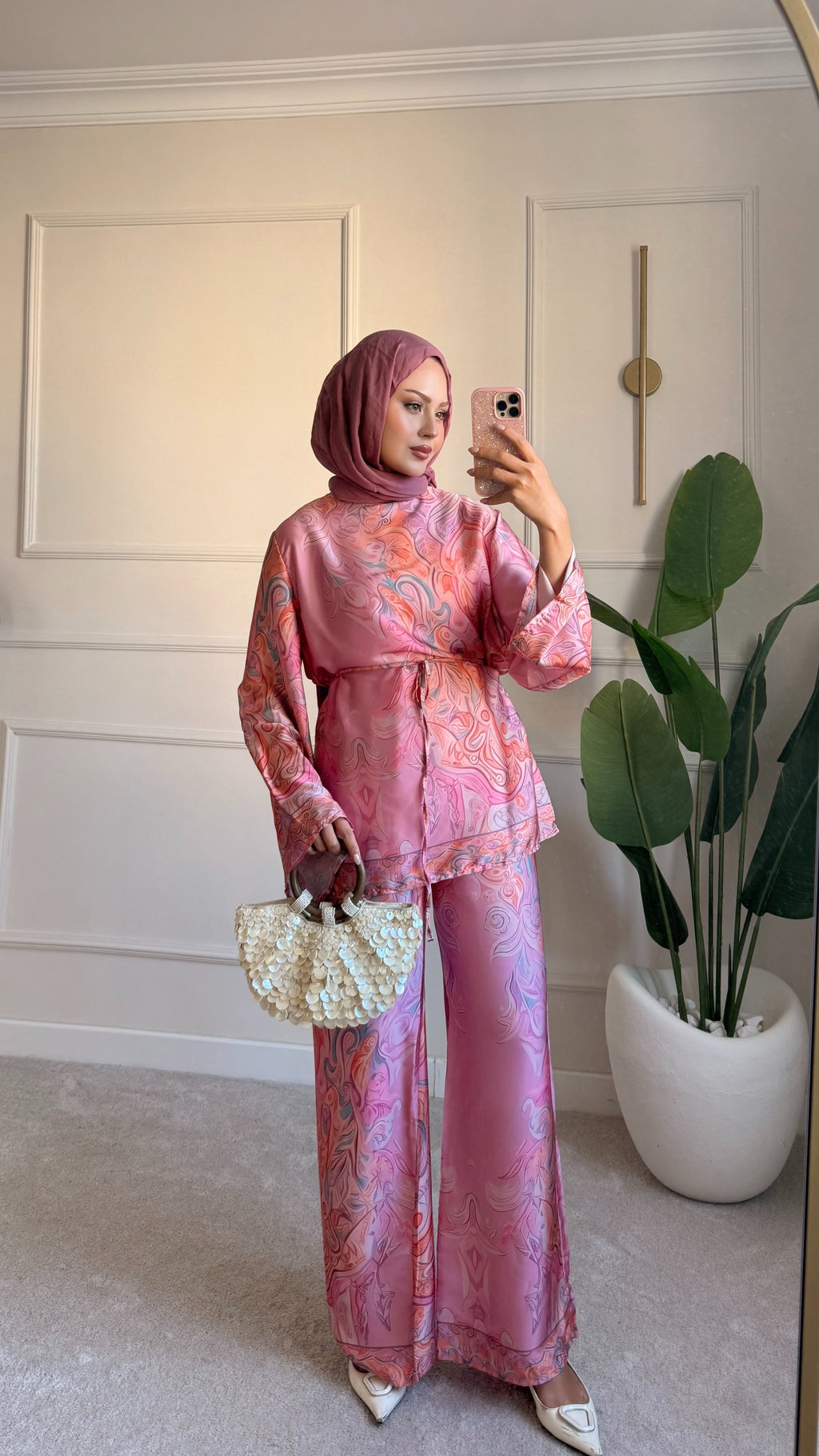 Desenli saten takım pembe